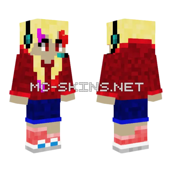 Blond Gamer Girl Red Pullover Minecraft skin, front and back