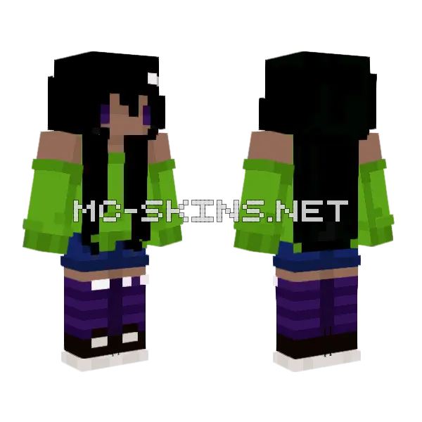 Cute Black Girl Purple Green Minecraft skin, front and back