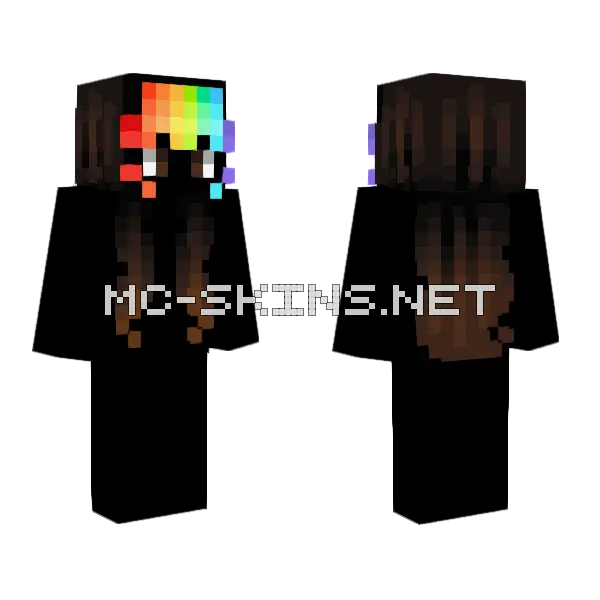 Female Black Fade Brunette Rainbow Bangs Minecraft skin, front and back