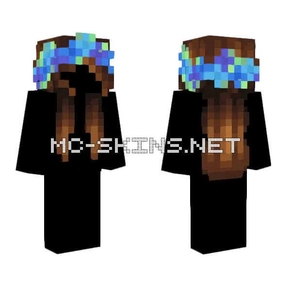 Female Dark Brunette Blue Flowers Minecraft skin, front and back