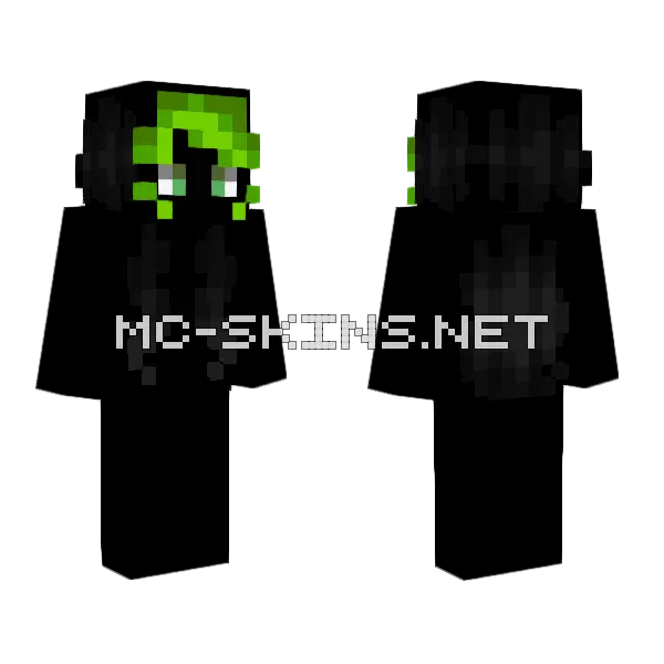 Female HB Black Green Bangs Minecraft skin, front and back