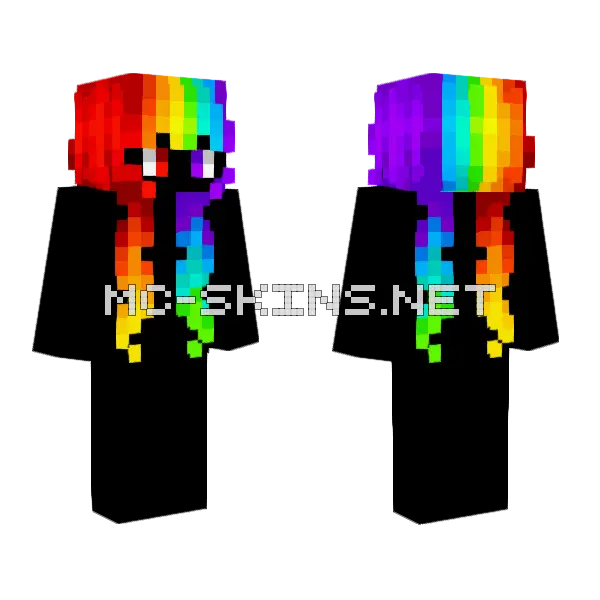 Female HB Long Neon Rainbow Pigtails Minecraft skin, front and back