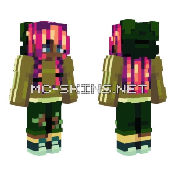 Forest Pink Hair Style Minecraft skin, front and back