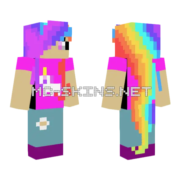 Girl With Rainbow Hair Minecraft skin, front and back