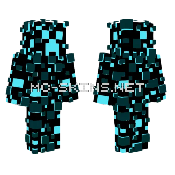 Glitch Creeper Blue Pixel Minecraft skin, front and back