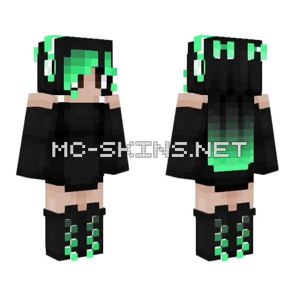 Goth Gamer Girl Green Minecraft skin, front and back