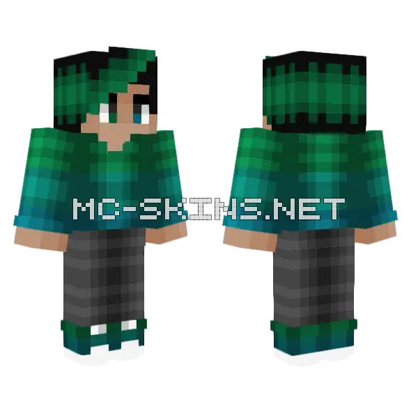 Green Fade Blue Black Hair Minecraft skin, front and back