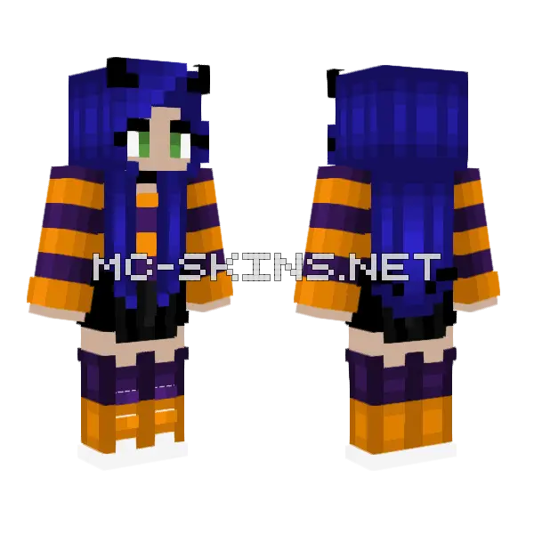 Halloween Purple Orange Stripe Skirt Blue Hair Minecraft skin, front and back