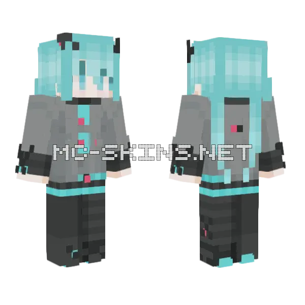 Hatsune Miku Broken Sekai Minecraft skin, front and back