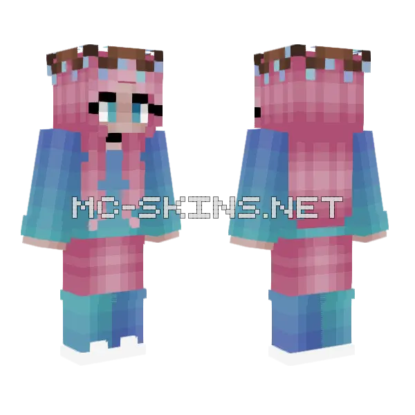 Pink Hair Blue Fade Sweater Girl Minecraft skin, front and back