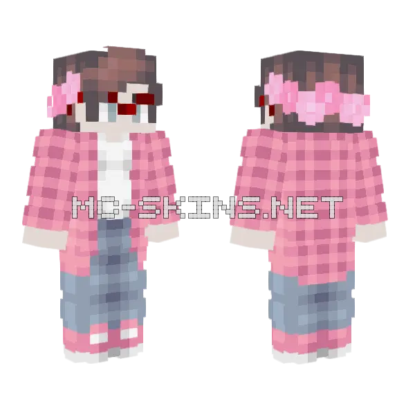 Pink Plaid Overalls Girl Minecraft skin, front and back