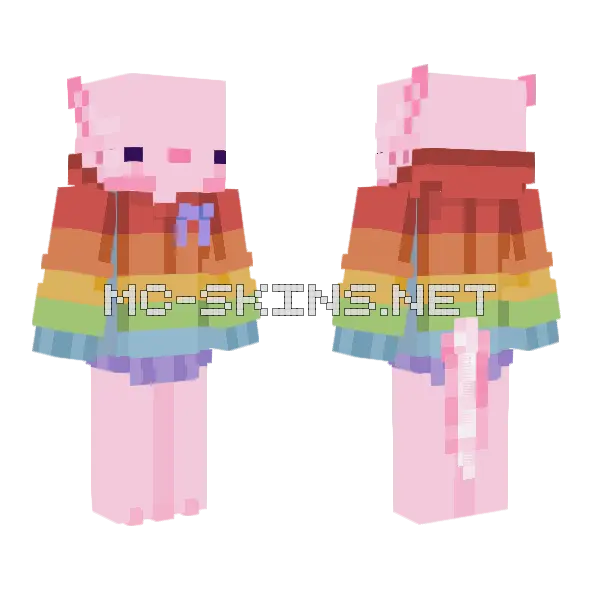 Rainbow Axolotl Minecraft skin, front and back