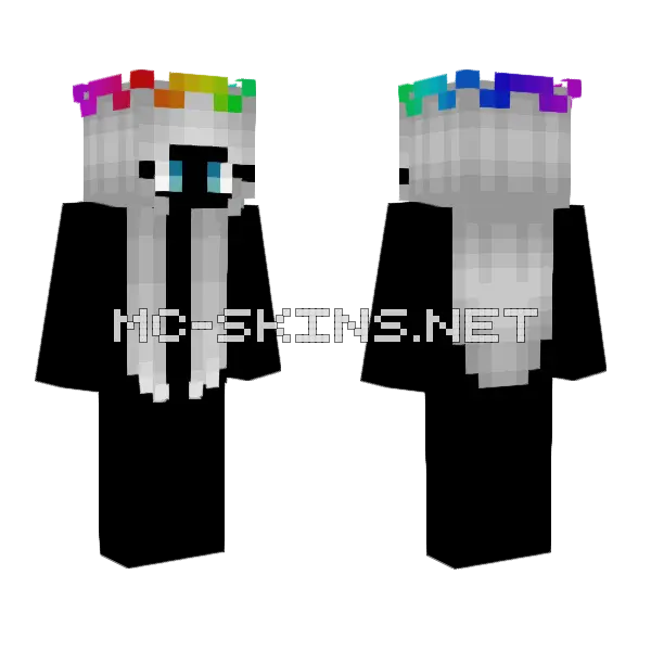Rainbow Crown Silver Hair Minecraft skin, front and back