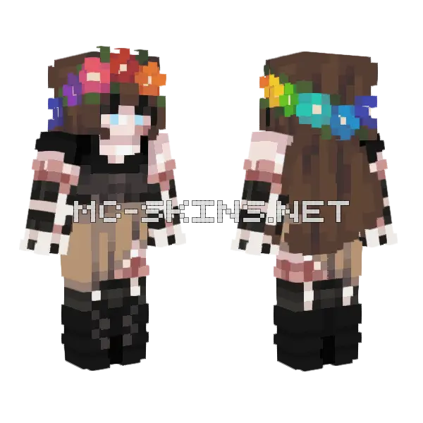 Rainbow Flower Crown Girl Minecraft skin, front and back