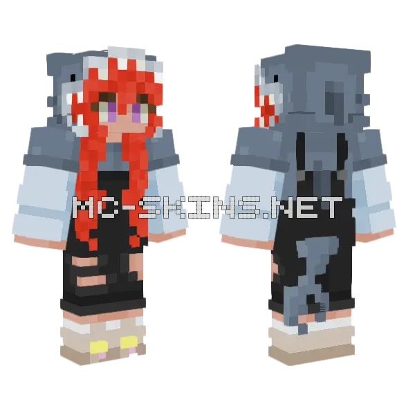 Red Hair Shark Girl Hoodie Minecraft skin, front and back