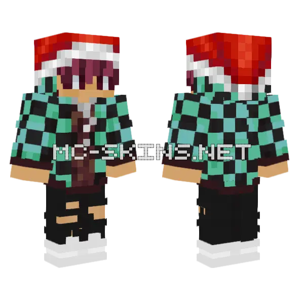 Santa Hat Tanjiro Kamado Minecraft skin, front and back