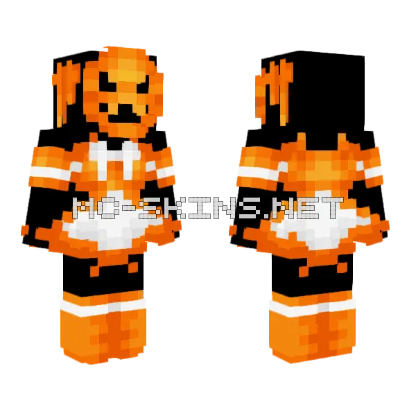 Spooky Orange Maid Dress Pumpkin Mask Minecraft skin, front and back