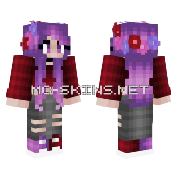 Spring Purple Pink Fade Hair Flowers Minecraft skin, front and back