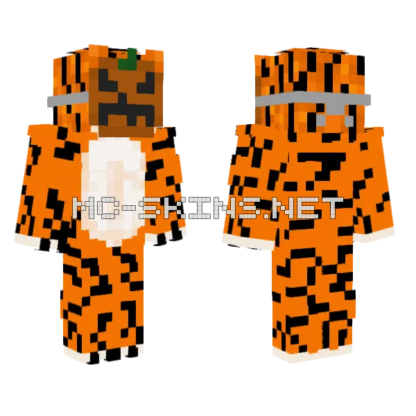 Tiger With Pumpkin Mask Minecraft skin, front and back